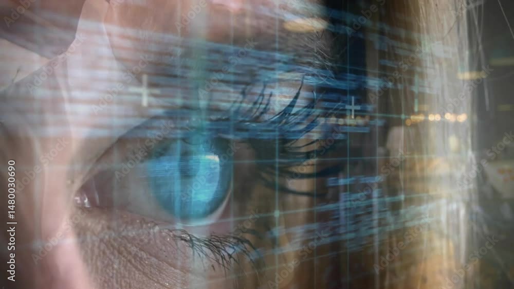 Poster man focusing eye in technology workspace, displaying holographic code, grid lines and bokeh lights
