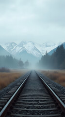 Fototapeta premium Lonely railway tracks through misty fields leading to distant snow-capped mountains