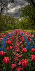 Vibrant Tulip and Flower Path in Lush Green Landscape