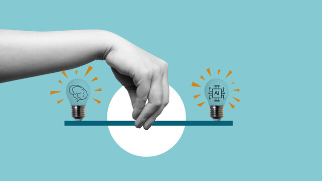 Human hand holding a seesaw of a human brain light bulb and an AI symbol light bulb on a colored background. Concept of AI or Artificial Intelligence. Collage art
