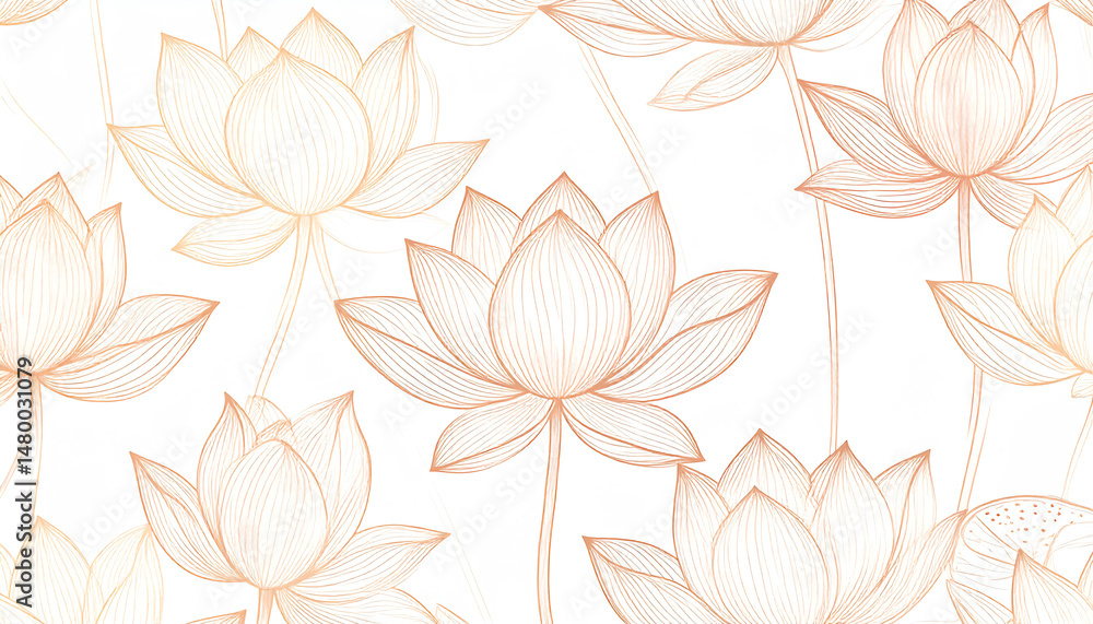 Poster delicate line art of lotus flowers in soft hues, creating a serene and graceful pattern on a white b