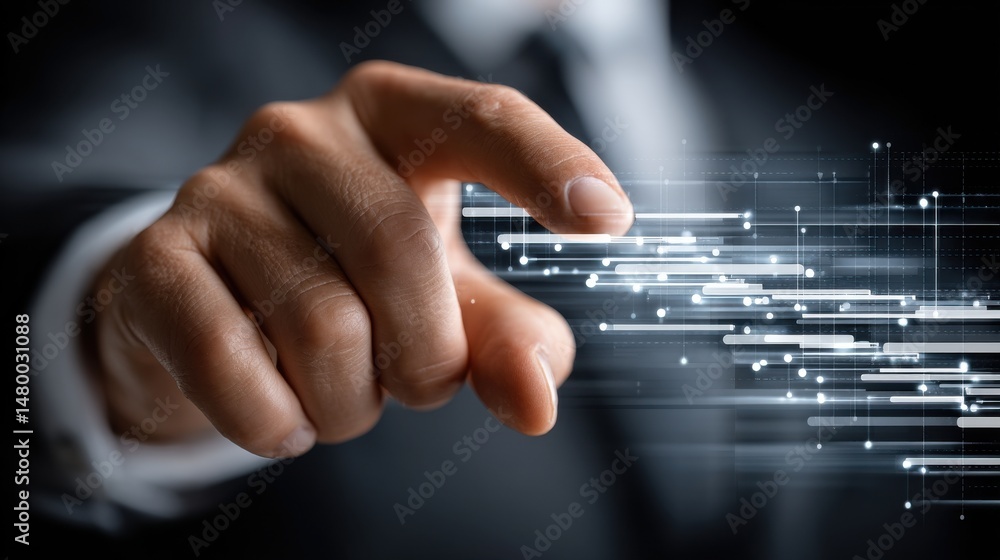 Poster A man's hand is pointing at a computer screen with a lot of lines and dots