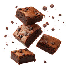 Stack of delicious fresh chocolate brownies with chocolate chips isolated on transparent background