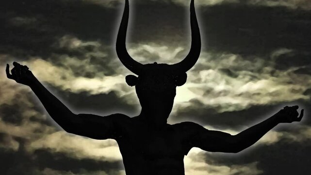 Front view medium shot dark scene minotaur silhouette moving arms over dark night clouds background sky 2d looped animated video
