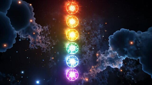Vibrant chakra symbols illustrated in cosmic space background  