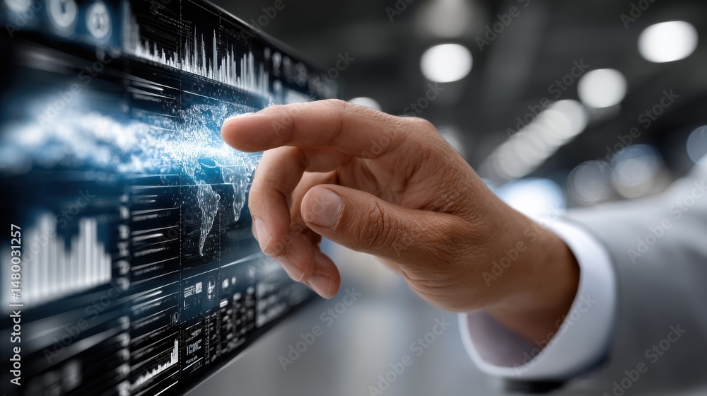 Poster a man is touching a screen with a finger