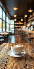 Cozy Coffee Shop Scene with Latte Art on Wooden Table Surface