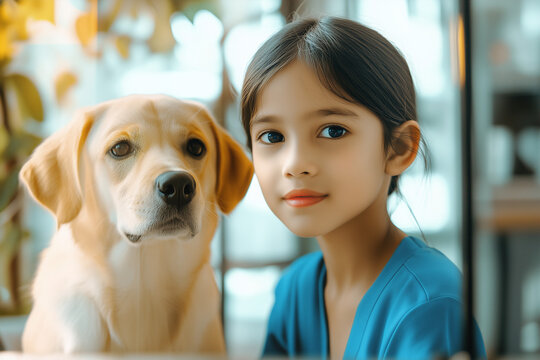 Cute Girl and Labrador Indoors with Soft Light
Close-up of a young girl and her Labrador retriever indoors with gentle lighting. Great for themes of friendship, family, pets, and emotional bonding.

