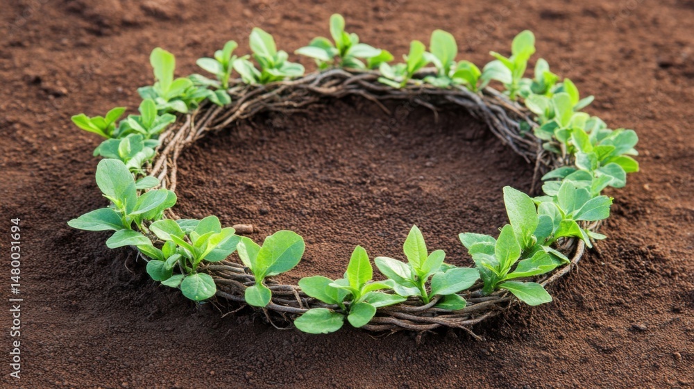 Poster wreath of green sprouts on brown soil overhead shot symbolizing growth and new beginnings in a rusti