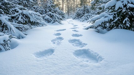 Snowy Trail with Footprints in Serene Winter Forest Landscape