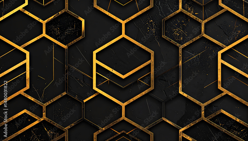 Poster a striking pattern of golden hexagons on a textured black background, creating a modern and elegant 