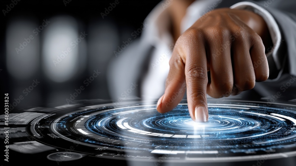 Poster a hand is pointing at a blue circle on a screen