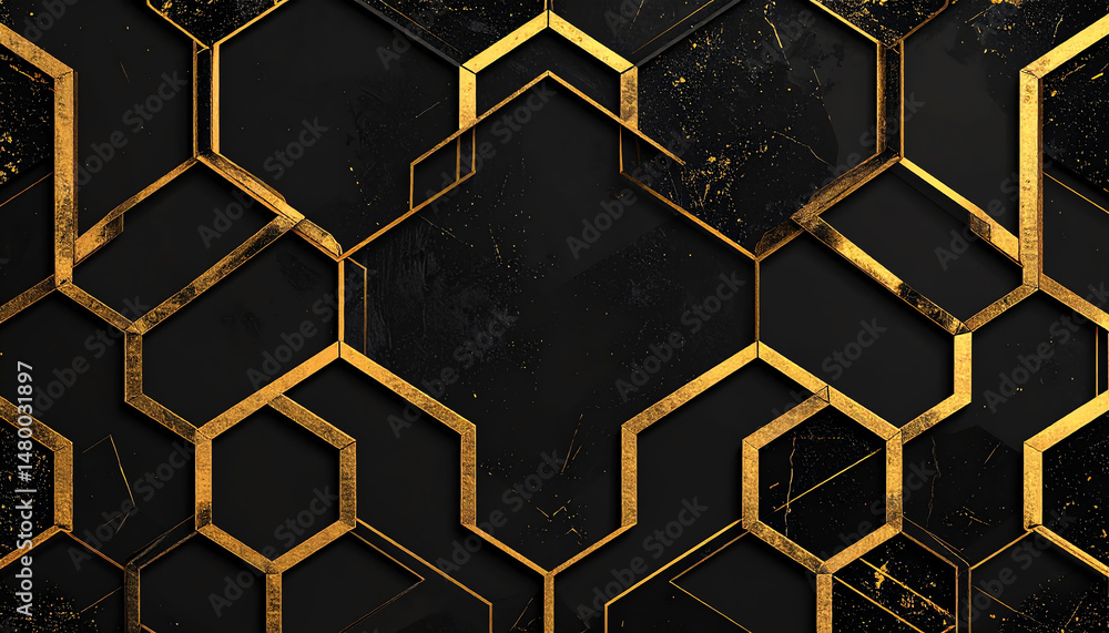 Poster a striking black and gold geometric pattern featuring hexagonal shapes, creating a modern and elegan