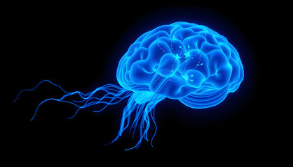 A glowing neon blue digital artwork of a brain morphing into a jellyfish silhouette, floating against a shadowy cosmic backdrop, representing futuristic artificial intelligence. Hyper-realistic 3D v