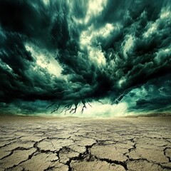 Cracked earth landscape under a storm. Environment theme of drought and extreme weather