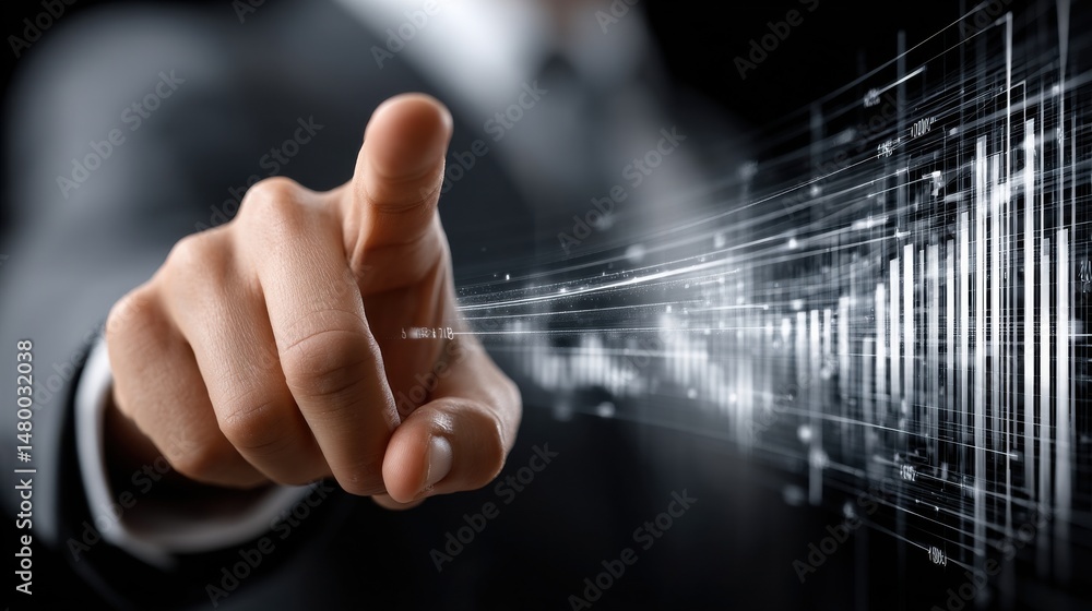 Poster A man is pointing at a graph with a finger