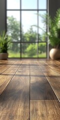 Warm Wooden Floor with Natural Light and Green Plants in Room
