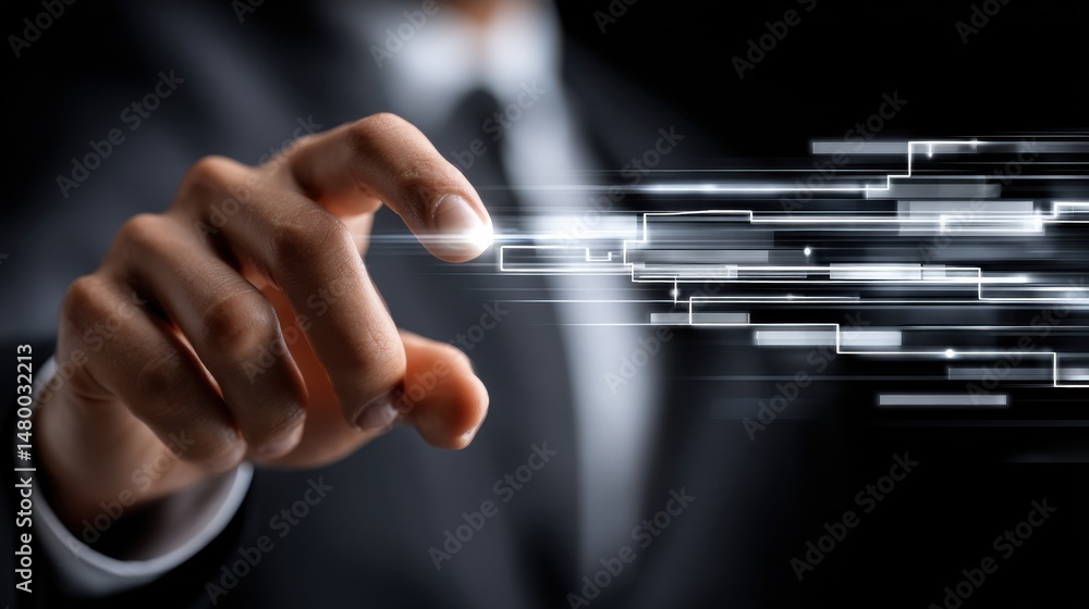 Aufkleber a man in a suit is pointing at a screen with a bright light