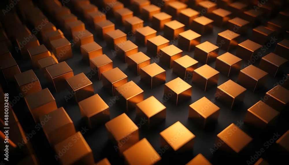 Poster a grid of golden cubes arranged in a repeating pattern with dark background and soft lighting effect