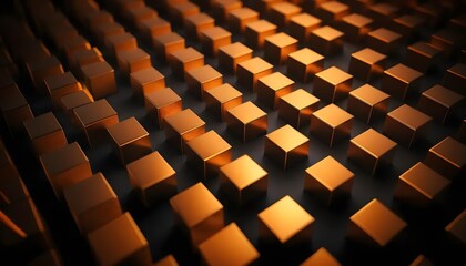 Obraz premium A grid of golden cubes arranged in a repeating pattern with dark background and soft lighting effect