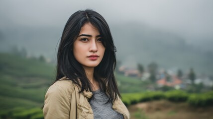 Young woman with long black hair in lush green landscape under misty mountains in natural setting