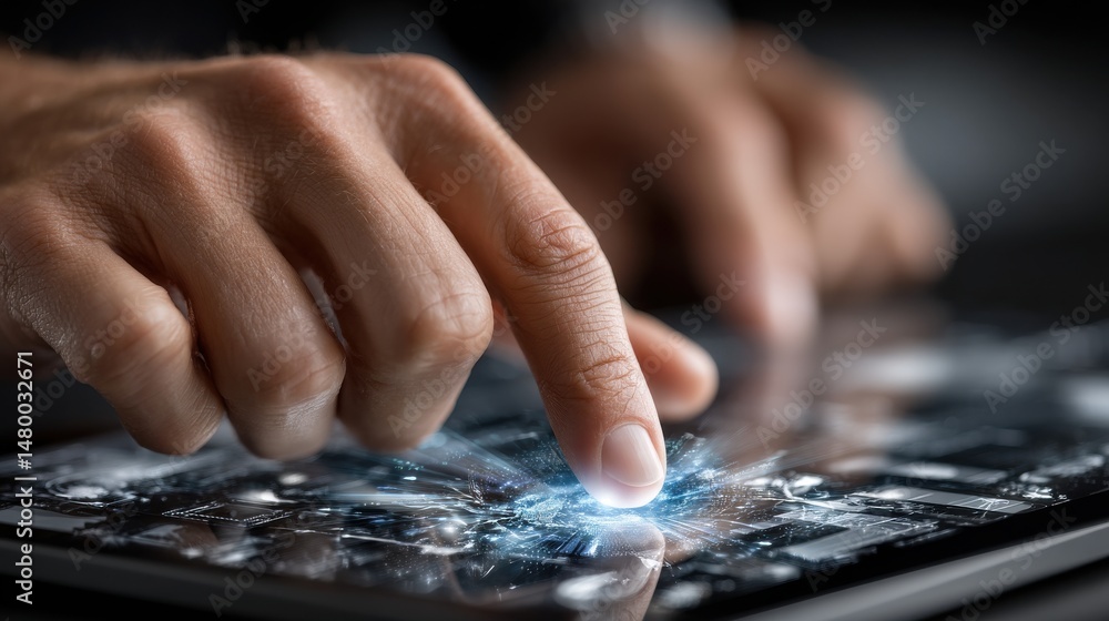 Poster A person is using a tablet to touch a screen and make a point
