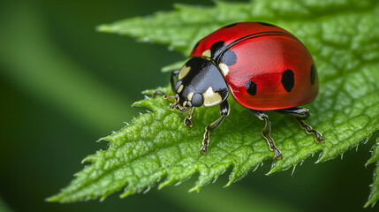Fototapeta premium Ladybug crawling on a green leaf tip, small nature focus,