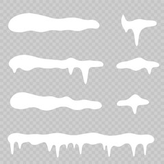 White snowdrift caps hang on transparent background borders. Cartoon snow frames decorate winter banners and cards. Flat snowy elements enhance festive holiday illustrations. Snowflakes fall