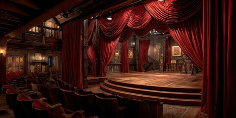 Dark wooden theater with red velvet curtains