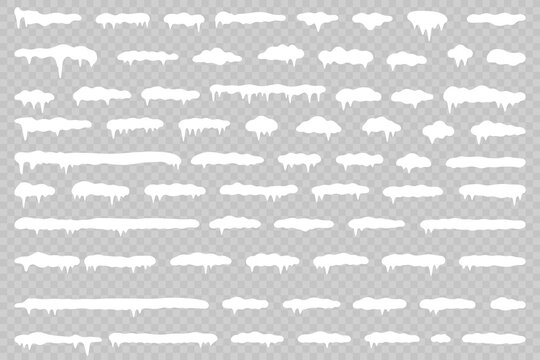 White snowdrift caps hang on transparent background borders. Cartoon snow frames decorate winter banners and cards. Flat snowy elements enhance festive holiday illustrations. Snowflakes fall