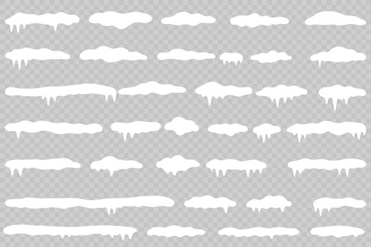 White snowdrift caps hang on transparent background borders. Cartoon snow frames decorate winter banners and cards. Flat snowy elements enhance festive holiday illustrations. Snowflakes fall