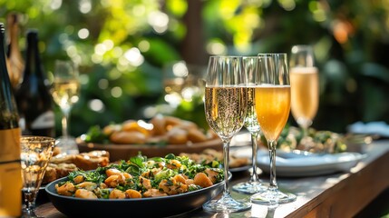 Sunlight dapples a garden party scene.