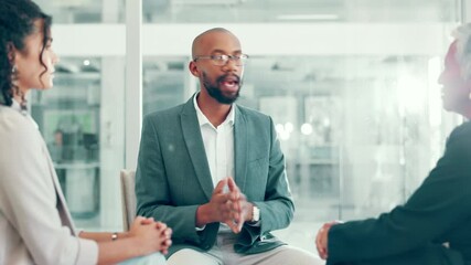 Collaboration, meeting and planning with business people in boardroom of office together. Brainstorming, conversation and explain with employee team in professional workplace for corporate discussion
