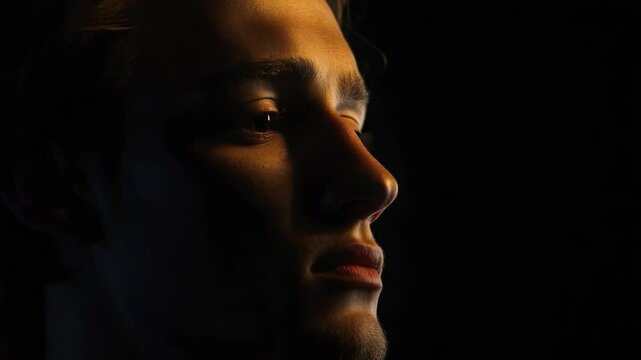Close-up shot of a person's face in dimly lit surroundings
