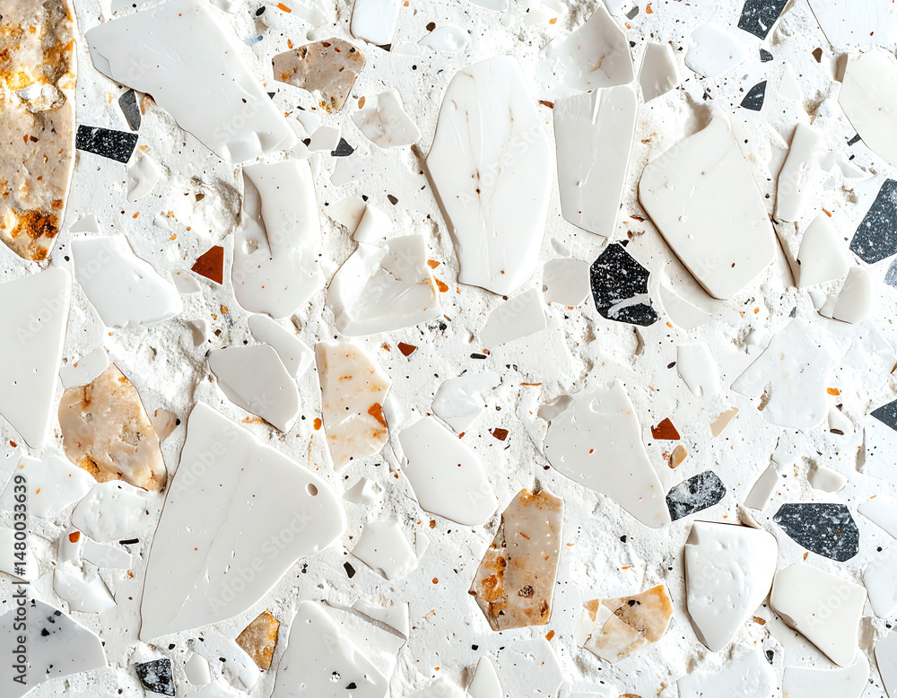 Poster a textured surface featuring an array of irregularly shaped pieces in white, black, and earthy tones