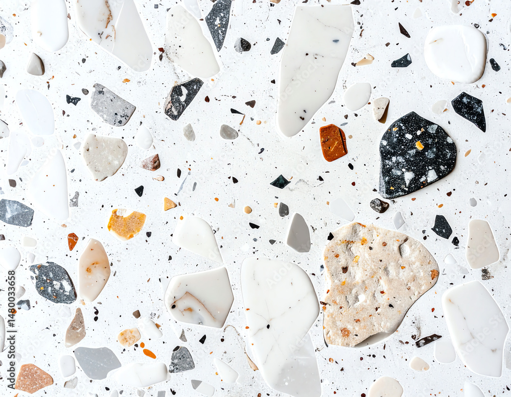 Poster a close-up view of a textured surface featuring a variety of stones and aggregates in different shap
