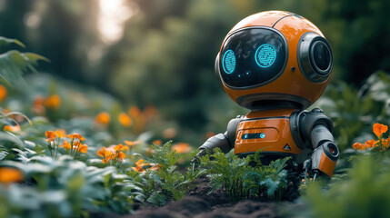 Modern agriculture demonstration with AI robot planting crops at public event or tech fair