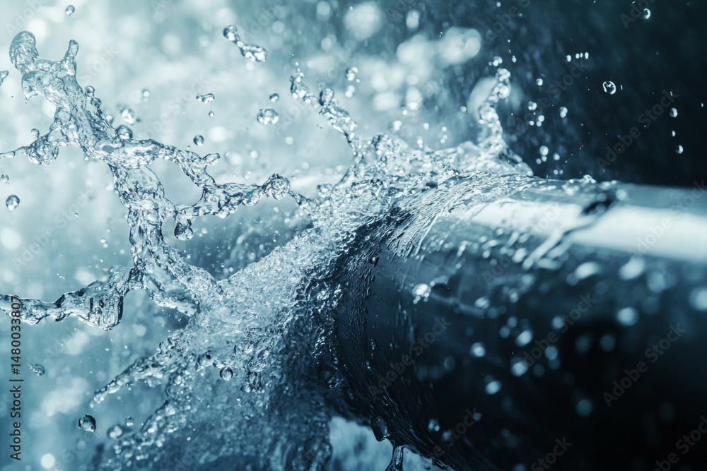 Poster water splashing from a pipe intense flow dynamic movement