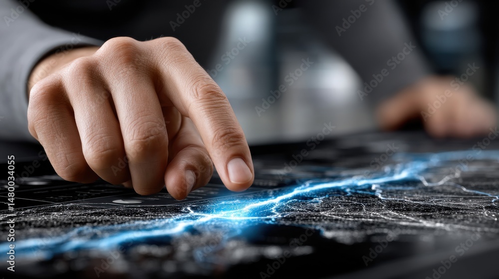 Poster A hand is pointing at a map on a computer screen