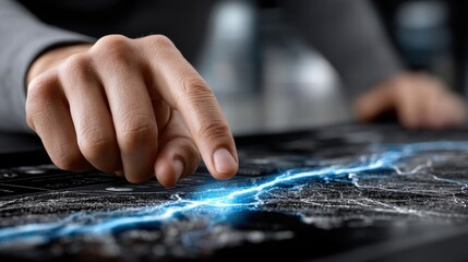 A hand is pointing at a map on a computer screen