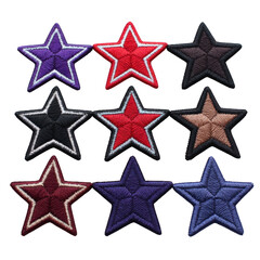 Obraz premium Colorful embroidered star patches in various shades including purple, red, black, and brown, arranged in grid pattern. These decorative patches are ideal for clothing embellishments