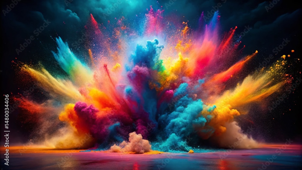 Poster abstract colorful powder explosion background with deep shadows - double exposure effect
