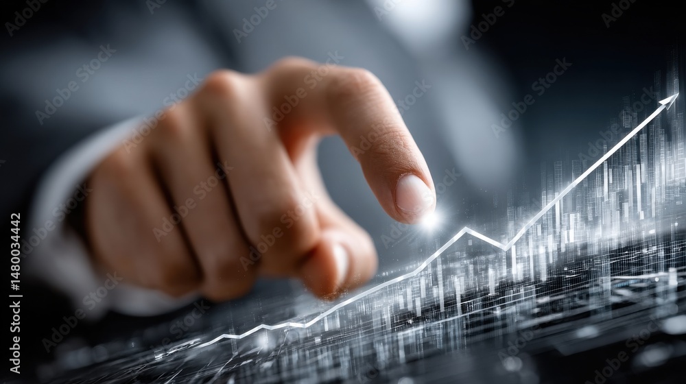 Aufkleber a hand is pointing at a graph with a rising line