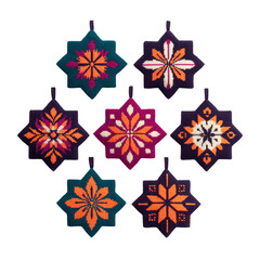 Colorful embroidered ornaments with geometric patterns arranged symmetrical layout. These decorative pieces feature vibrant designs shades of purple, orange, and white, perfect for festive decor