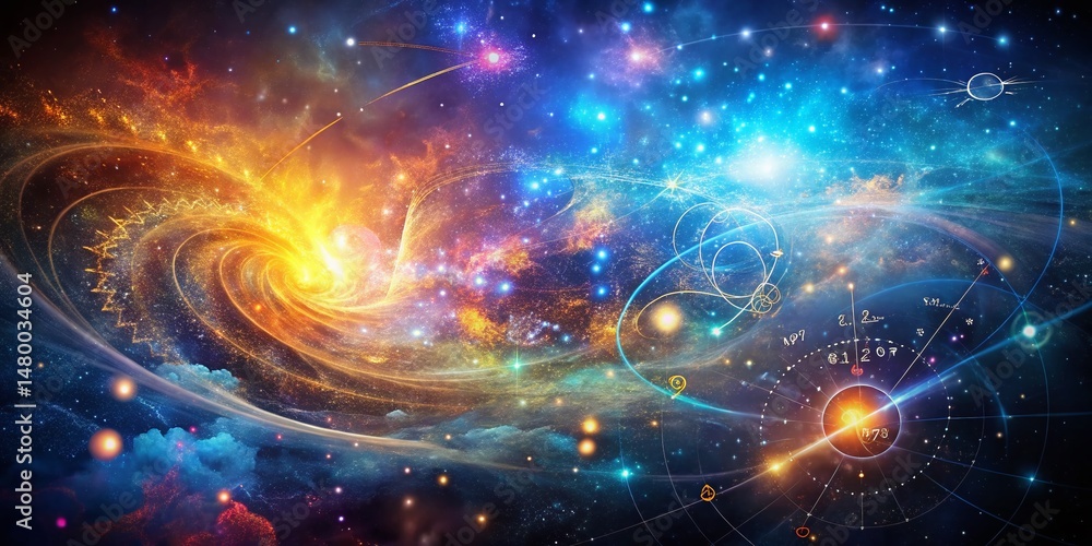 Poster abstract cosmic nebula: bokeh starfield texture with scientific data overlay