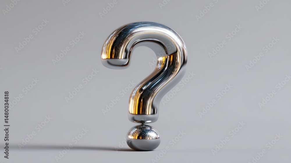 Poster metallic question mark: a 3d enigma balancing on a sphere