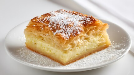 A beautiful slice of galaktoboureko, a Greek dessert, is presented on a white plate.