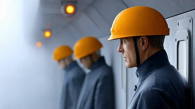Focused Engineers: Three skilled engineers stand united, clad in matching attire, with their safety helmets glowing.