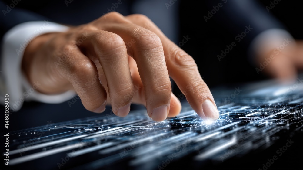 Poster a hand is pointing at a screen with a blue background