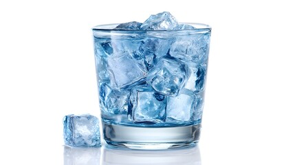 A transparent glass filled with ice cubes against a white background, very refreshing.